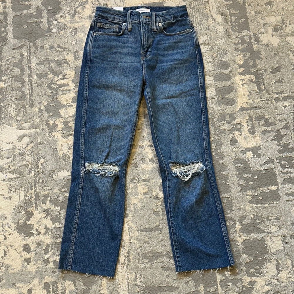 Good American Good Curve Straight Jeans 00/24 Blue Distressed High Rise Raw Hem